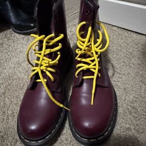 Dr. Martens Burgundy Combat Boots with Yellow Laces